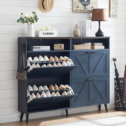 Barnyatoh Shoe Storage Cabinet,Farmhouse Shoe Organizer with 4 Flip Drawers & Barn Door Design,Freestanding Hidden Slim Narrow Shoe Rack Cabinet with Open Shelves for Entryway,Foyer,Hallway,Navy Blue