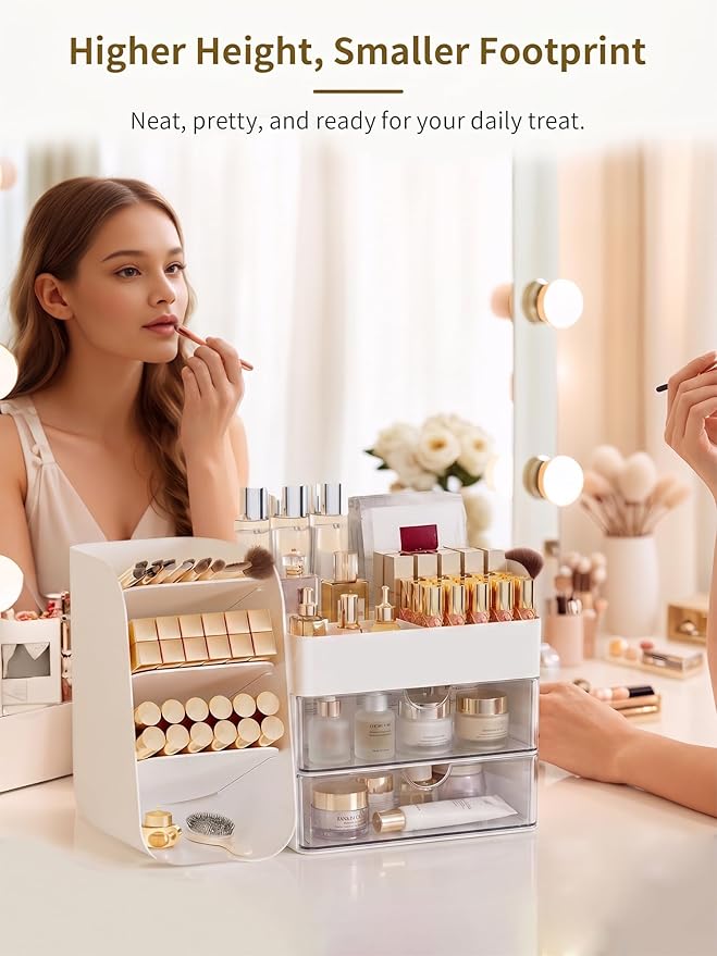 Booklov Makeup Organizer for Vanity, Countertop Cosmetic Display Case with Clear Acrylic Drawers, Bathroom Counter Beauty Caddy, Cute Table Storage Holder for Skincare, Brush Lipsticks, Crystal White