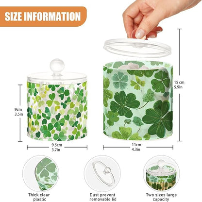2 Pack Qtip Dispenser Apothecary Jars with Lids Cotton Round Holder Bathroom Canisters for Cotton Swab Floss Ball Pads Clear Plastic Decorative Green St Patrick Clovers