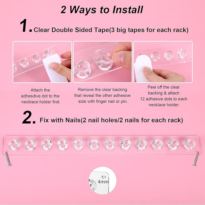 4Pcs Wall Necklace Holder for Women, Hanging Jewelry Organizer Wall Mount Crystal Holder Necklace Wall Hanger, Acrylic Bracelet Holder Organizer Jewelry Rack Adhesive Hooks Necklace Storage