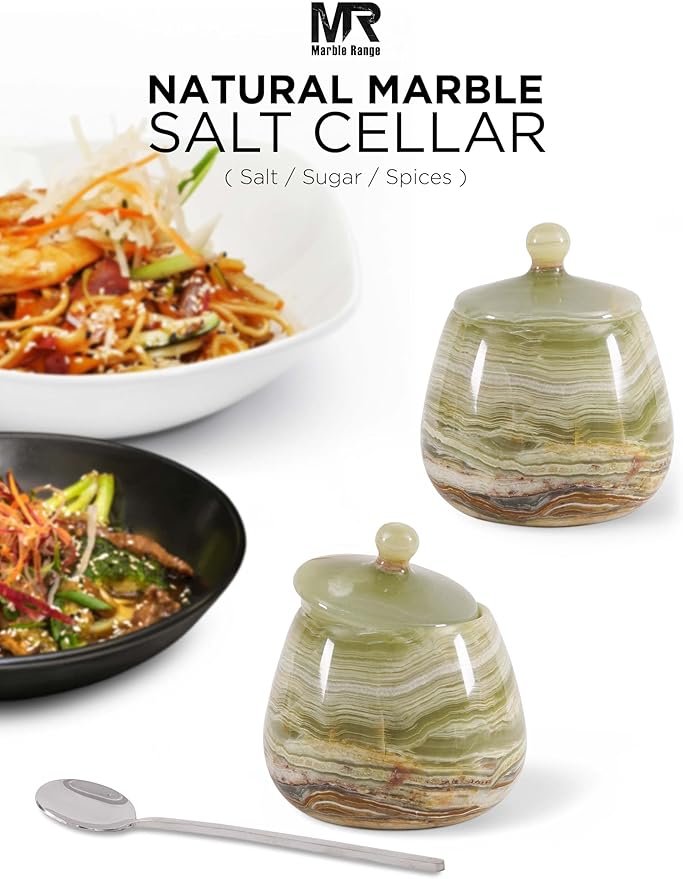 Green Onyx Marble Salt Cellar – 4.5 Inch Salt Container, Salt Jar, Salt Dish, Salt Holder, Spice Jar, Sugar Bowl, Celtic Salt, Table Salt Storage for Kitchen Countertop