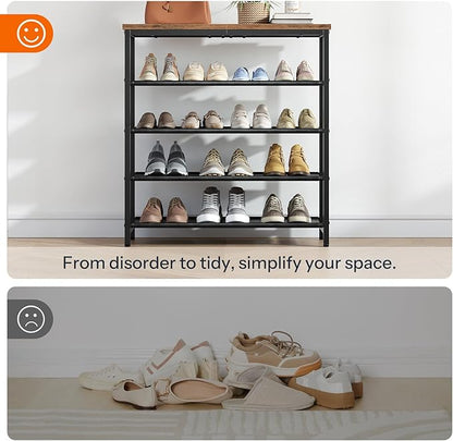 HOOBRO Shoe Rack with 4 PU Shelves, 5-Tier Shoe Storage Organizer for Closet and Entryway, Holds 12-16 Pairs of Shoes, Sturdy Metal Frame, Small Spaces, Rustic Brown and Black BF95XJ01