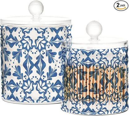 2 Pack Qtip Dispenser Apothecary Jars with Lids Cotton Round Holder Bathroom Canisters for Cotton Swab Floss Ball Pads Clear Plastic Decorative Blue Tiles