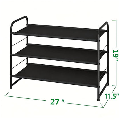 Ekisemio 3-Tier Stackable Shoe Rack – Expandable & Adjustable Fabric Shoe Organizer, Space-Saving for Closet, Black
