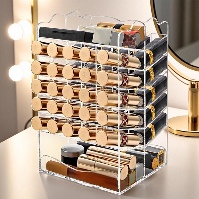 Tlence 54 Slots Acrylic Rotating Lipstick Organizer, 7 Tier Spinning Lipgloss Tower Holder, Clear Cosmetic Display Case, Rotable Lip Stick Display Rack Stand for Lip Gloss, Makeup Accessory, Lip Balm
