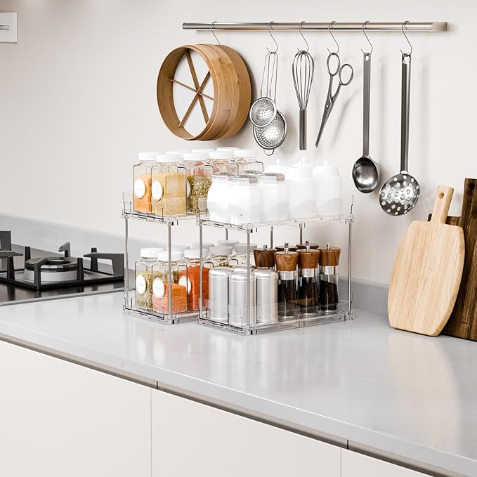 Yieach 4 Pack 2 Tier Vertical Spice Rack Pull Out,10.4'' Deep Narrow Slide Out Spice Rack Organizer for Inside Cabinets,Kitchen,Pantry,Cupboard Seasoning,Can,Jar Organizer and Medicine Cabinet Storage