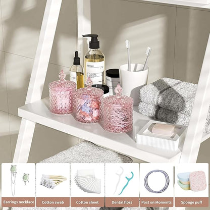 3Pack Pink Glass Qtip Holder Set with Bamboo Tray - 10oz Diamond-Facet Apothecary Jars with Lids - Bathroom Canisters for Cotton Swabs, Balls, Pads & Floss Picks - Vanity Storage Organizer