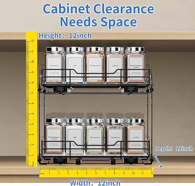 BOIVSHI 2-Tier Spice Rack Organizer, Pull Out Spice Rack for Cabinet, Height Adjustable Heavy Duty Metal Basket for Inside Cabinet & Pantry (11.5''Wx10.5''Dx9.5''H)