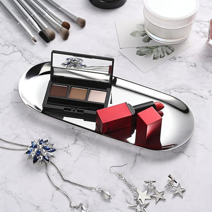 Silver Oval Vanity Tray - Stainless Steel Jewelry, Bathroom, Makeup Cosmetic, Towel Napkin Storage Organizer - 9 x 3.8 inches (LxW), Medium