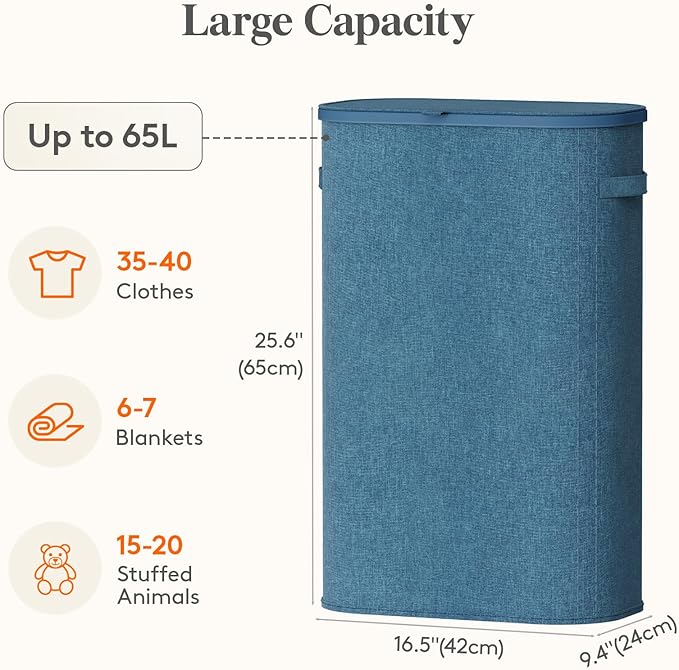 Lifewit Slim Laundry Basket with Lid, Narrow Large Laundry Hamper with Plastic Handles and Removable Bag, Tall Foldable Dirty Clothes Hampers for Laundry Room, Bedroom, Bathroom, Dorm, 65L Dark Blue
