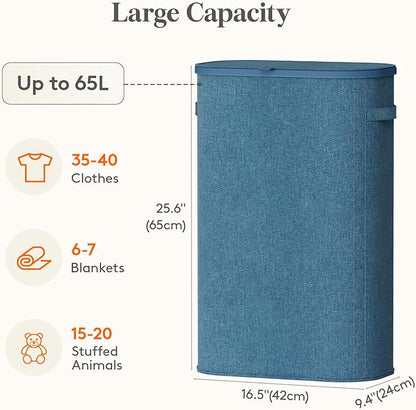 Lifewit Slim Laundry Basket with Lid, Narrow Large Laundry Hamper with Plastic Handles and Removable Bag, Tall Foldable Dirty Clothes Hampers for Laundry Room, Bedroom, Bathroom, Dorm, 65L Dark Blue
