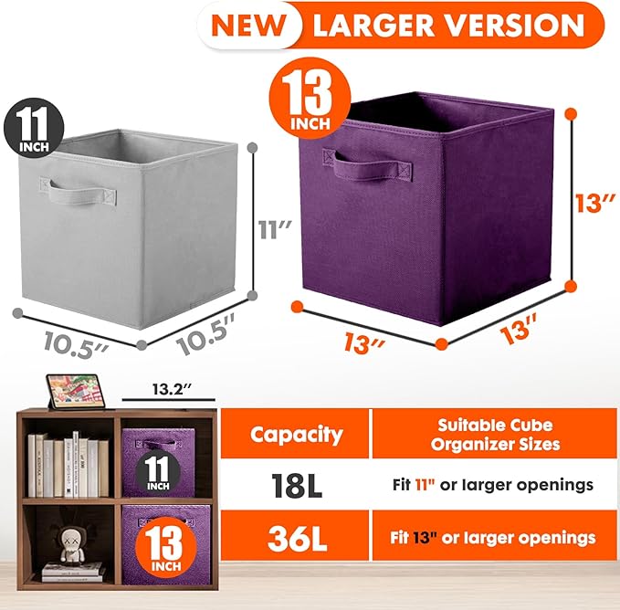ShellKingdom Storage Bins, Foldable Fabric Storage Cubes And Cloth Storage Organizer Drawer For Closet And Toys Storage, 13 X 13 X 13 INCH, 6 Pack (Purple)