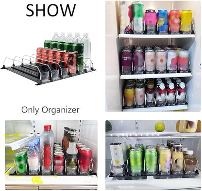 Self Pushing Can Organizer: Adjustable Width Space Saving Can Organizer for Fridge, Easy to Use, Black Self Pushing Soda Dispenser (38cm)