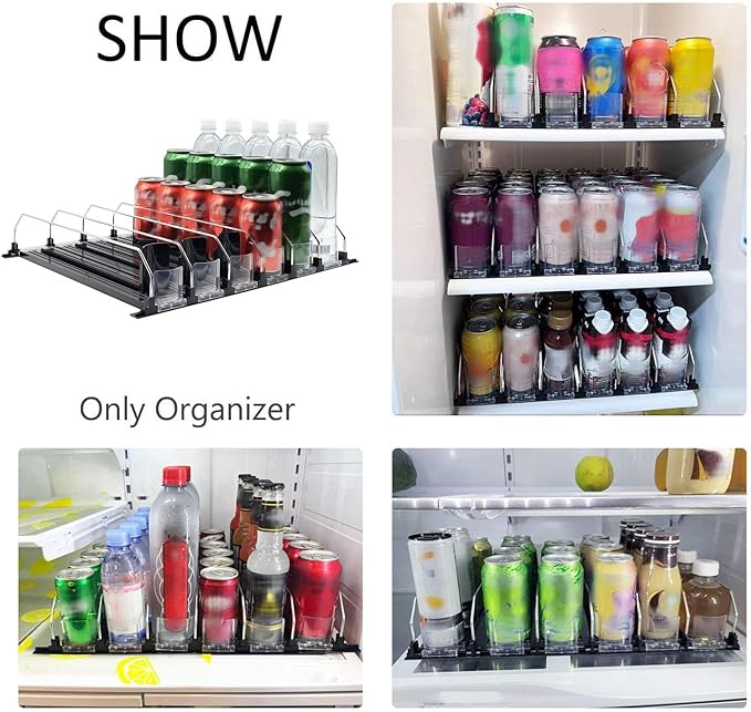 Drink Organizer for Fridge, Soda Can Dispenser for Refrigerator, Black Pushing Drink Organizer, Drink Dispenser for Beer Pop Can Water Bottle Dispenser (31cm)