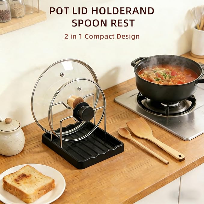 Pot Lid Holder and Spoon Rest, 2-in-1 Kitchen Counter Organizer with Stainless Steel Lid Holder While Cooking and Plastic Utensil Rest, Space Saving Pot Cover Rack for Stovetop and Countertop (Black)