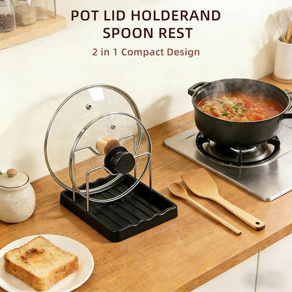 Pot Lid Holder and Spoon Rest, 2-in-1 Kitchen Counter Organizer with Stainless Steel Lid Holder While Cooking and Plastic Utensil Rest, Space Saving Pot Cover Rack for Stovetop and Countertop (Black)