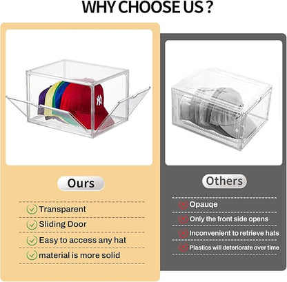 Acrylic XLarge Hat Organizer Box,2 Pack Hat Display Case,Stackable Clear Baseball Caps Storage Box Containers with Double-Sided Magnetic Door,Holds 12 Hats Each (Clear)