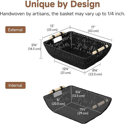 StorageWorks Large Wicker Storage Basket for Organizing, Toilet Paper Baskets for Shelf, Paper Rope Storage Baskets with Wooden Handles, Black, 2-Pack