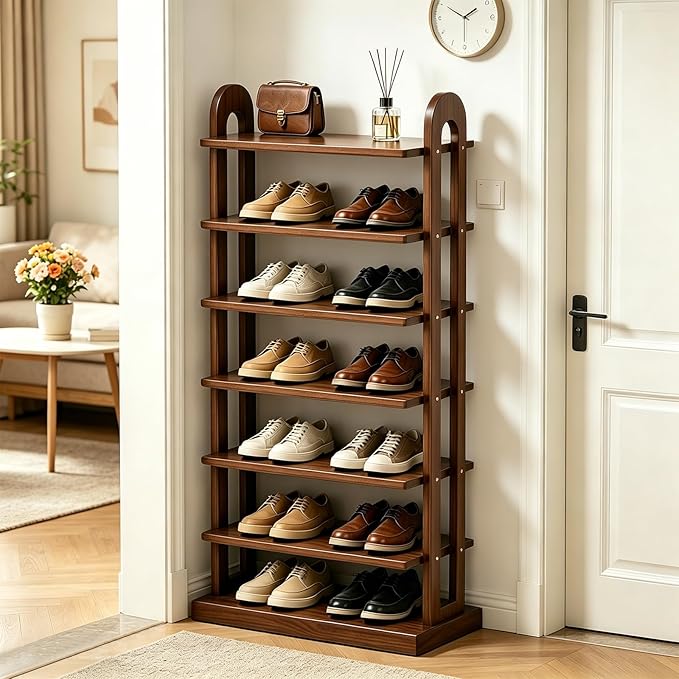 7-Tier Vertical Shoe Rack, Entryway Shoe Tower, Shoe Rack Organizer, Shoe Holder Storage Narrow Vertical, Wooden Free Standing Shoe Rack Shelf for Entryway, Hallway, Closet