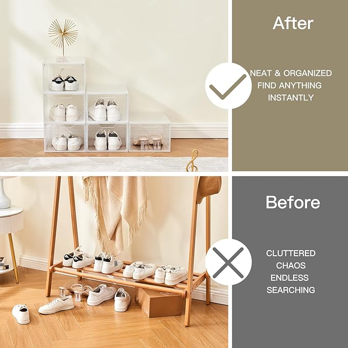 6PCS Magnetic Door Transparent Shoe Box, Stackable Space-Saving Organizer for Bedroom/Bathroom/Closet/Entryway