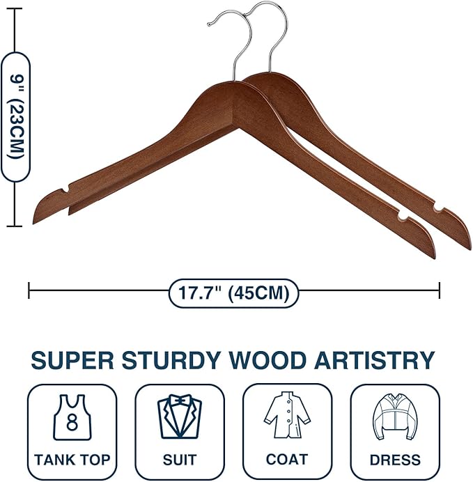 Wooden Shirt Hangers - Pack of 30 Sturdy Wood Hangers, Ideal for Laundry & Everyday Use, Heavy Duty, Walnut