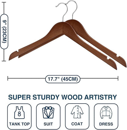 Wooden Shirt Hangers - Pack of 30 Sturdy Wood Hangers, Ideal for Laundry & Everyday Use, Heavy Duty, Walnut