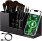 LADSTAG Makeup Brush Holder Organizer, Leather Makeup Brush Cup with Phone Charging Stand for Cosmetics, Nail Polish, Lipstick & Art Supplies Vanity Desktop Bathroom Organizer