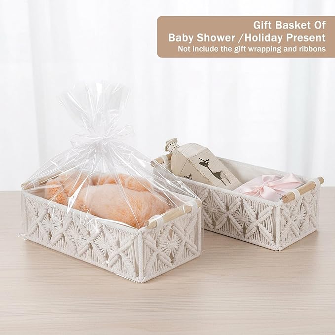 Kifmurase Macrame Storage Baskets 2PCS, Boho Woven Decorative Basket for Organizing with Handle, Countertop Toilet Paper Storage Container for Tank Bedroom Nursery Livingroom Entryway(White)