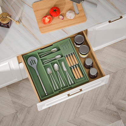 TIOPGHAD Bamboo-Silverware-Drawer-Organizer-Kitchen, Expandable Utensil Holder Cutlery Tray Flatware Organization Adjustable Wood Tableware Dividers Storage (with Removable Knife Block)(Grayish Green)