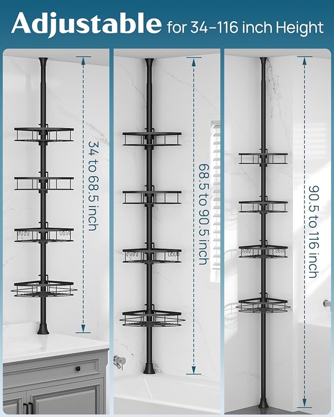SEIRIONE Rustproof Shower Corner Caddy Organizer for Bathroom, 4-Tier Adjustable Bathroom Shelf with Tension Pole, Solid Rack Ideal for Bathtub Storage, 34 to 116 Inch Height, Black