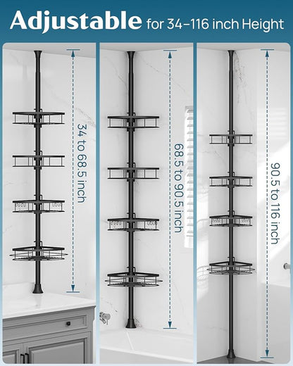 SEIRIONE Rustproof Shower Corner Caddy Organizer for Bathroom, 4-Tier Adjustable Bathroom Shelf with Tension Pole, Solid Rack Ideal for Bathtub Storage, 34 to 116 Inch Height, Black