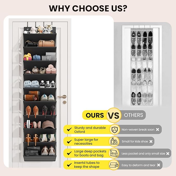 20-25 Pairs Over the Door Shoe Organizer, Clear Pockets Shoe Rack for Closet Door, 10-Tier Hanging Shoe Rack for Boots, Behind the Door Shoe Holder Fit All the Family's Sneakers, Boots, Heels, Black
