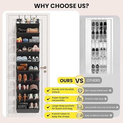 20-25 Pairs Over the Door Shoe Organizer, Clear Pockets Shoe Rack for Closet Door, 10-Tier Hanging Shoe Rack for Boots, Behind the Door Shoe Holder Fit All the Family's Sneakers, Boots, Heels, Black