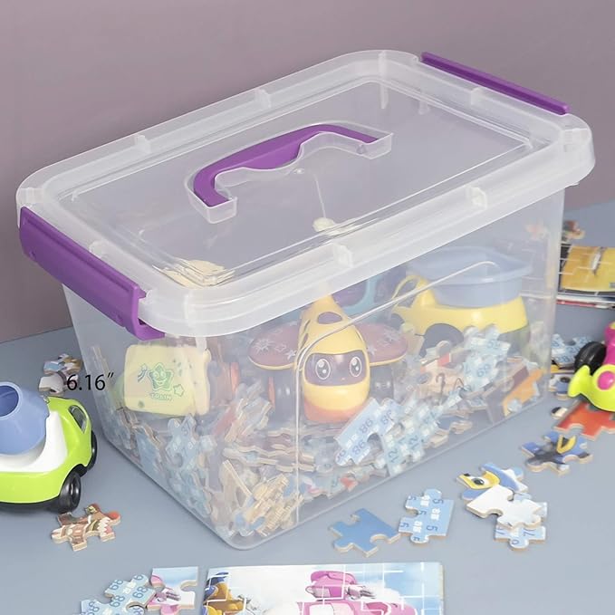 Clear Plastic Bin with Lid, 6 Quart Latching Box with Purple Handle, 6 Packs