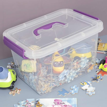 Clear Plastic Bin with Lid, 6 Quart Latching Box with Purple Handle, 6 Packs