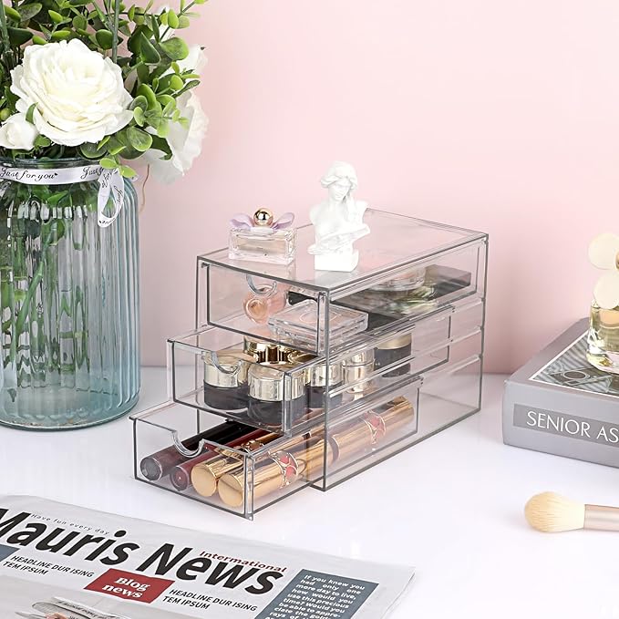 Hipiwe 3 Drawers Acrylic Drawer Organizer Clear Desktop Organizer for Hair Accessories Jewelry Stationery Office Supplies Acrylic Drawer Storage Box for Vanity Bathroom Closet