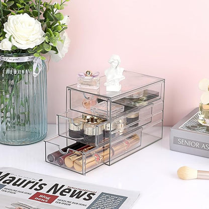 Hipiwe 3 Drawers Acrylic Drawer Organizer Clear Desktop Organizer for Hair Accessories Jewelry Stationery Office Supplies Acrylic Drawer Storage Box for Vanity Bathroom Closet