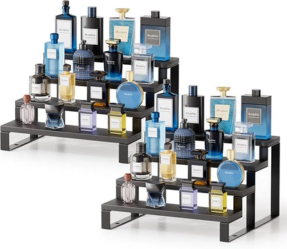 Boulphia 2 Set Black Cologne Organizer for Men, 12 Inch Cologne Stand 4 Tier Perfume Organizer for Dresser, Versatile Step Display Stand Shelf for Fragrance, Skincare, Figurine, Dessert (Wood & Metal)