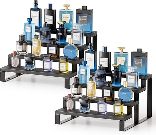 Boulphia 2 Set Black Cologne Organizer for Men, 12 Inch Cologne Stand 4 Tier Perfume Organizer for Dresser, Versatile Step Display Stand Shelf for Fragrance, Skincare, Figurine, Dessert (Wood & Metal)