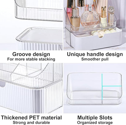 DASITON Makeup Organizer with Drawers, 2 Tier Stackable Organizer for Cosmetics, Skincare, Lipsticks, Makeup Brush, Acrylic Small Makeup Organizers for Vanity Bathroom Countertop Desk Storage (White)