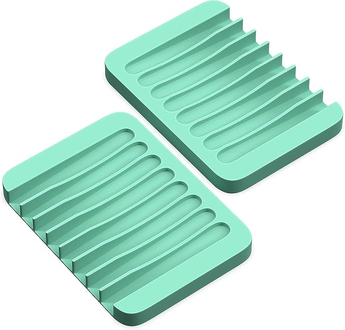 ZAPPOWARE 2-Pack Silicone Soap Dish with Drain - Bar Soap Holder (Light Green) for Shower & Bathroom Sink - Self Draining Waterfall Soap Saver Tray for Kitchen, Prevents Sticky Mess, Easy to Clean