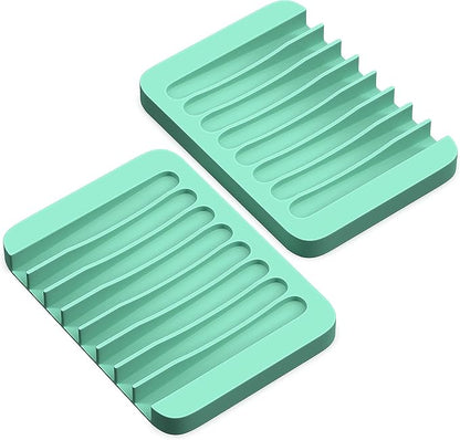 ZAPPOWARE 2-Pack Silicone Soap Dish with Drain - Bar Soap Holder (Light Green) for Shower & Bathroom Sink - Self Draining Waterfall Soap Saver Tray for Kitchen, Prevents Sticky Mess, Easy to Clean
