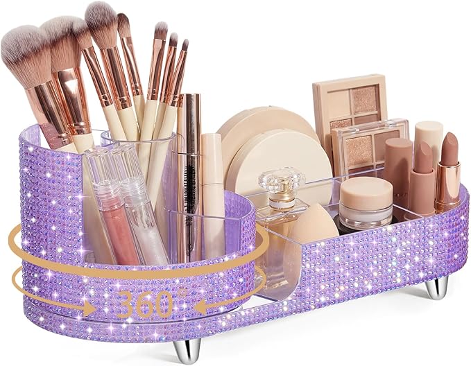 Teen Girls Mother's Day 360 Rotating Bling Makeup Organizer Gift Rhinestone Diamond Bathroom Organizer Girly Skin Care Brush Holder for Countertop, Bathroom Essentials(Purple,Rhinestone)