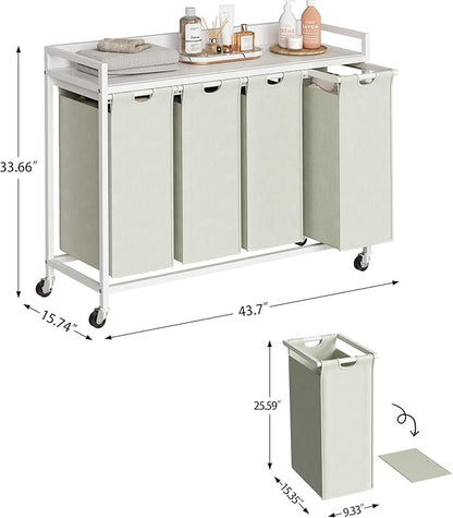 Herture Laundry Hamper with Shelf, Laundry Basket 4 Section, Laundry Sorter with Pull-Out Removable Large Bags and Movable Wheels, Metal Frame, 4 x 15.87 Gallons (60L), White PF07XLW