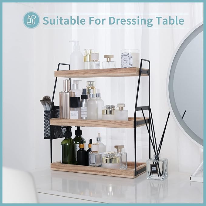 Bathroom Counter Organizer, 3-Tier Standing Storage Shelf with Basket, Wood Tray for Skincare Vanity Organizer