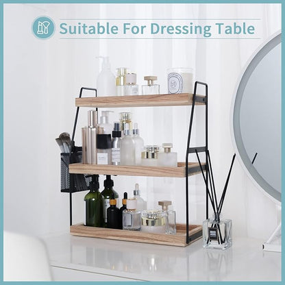 Bathroom Counter Organizer, 3-Tier Standing Storage Shelf with Basket, Wood Tray for Skincare Vanity Organizer