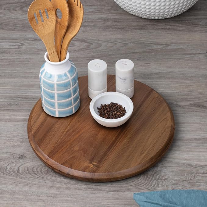 CounterArt Natural Acacia Wood Round Lazy Susan Turntable 14" Diameter Condiment Caddy, Cheese Server, Cake Plate, Spice Organization