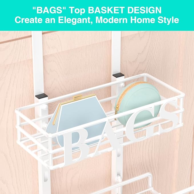 HapiRm Over Door Purse Organizer - Adjustable Purse Storage Rack with Bags Design Metal Basket, Wall Mounted Handbag Organizer, Hanging Handbag Holder, Can Use As 1/2 Part Detachable, White