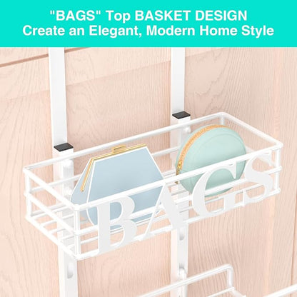 HapiRm Over Door Purse Organizer - Adjustable Purse Storage Rack with Bags Design Metal Basket, Wall Mounted Handbag Organizer, Hanging Handbag Holder, Can Use As 1/2 Part Detachable, White