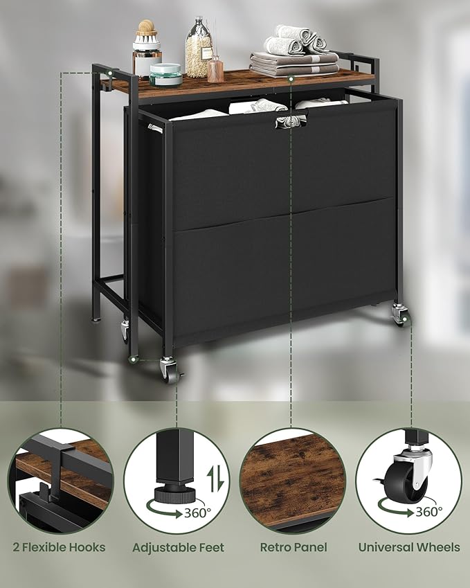CHOEZON Laundry Sorter, Laundry Hamper with Storage Shelf, Mobile 2-in-1 Basket Organizer, 120 L Rolling Hamper, Large Bags and Movable Wheels, Metal Frame, Rustic Brown and Black TXY01BF